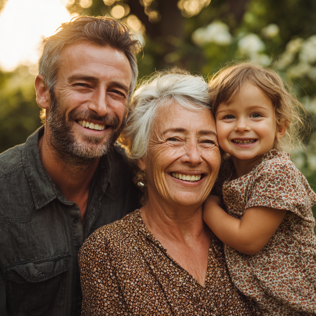 Smiling middle-aged European woman with healthy glowing skin, natural lighting, professional portrait style