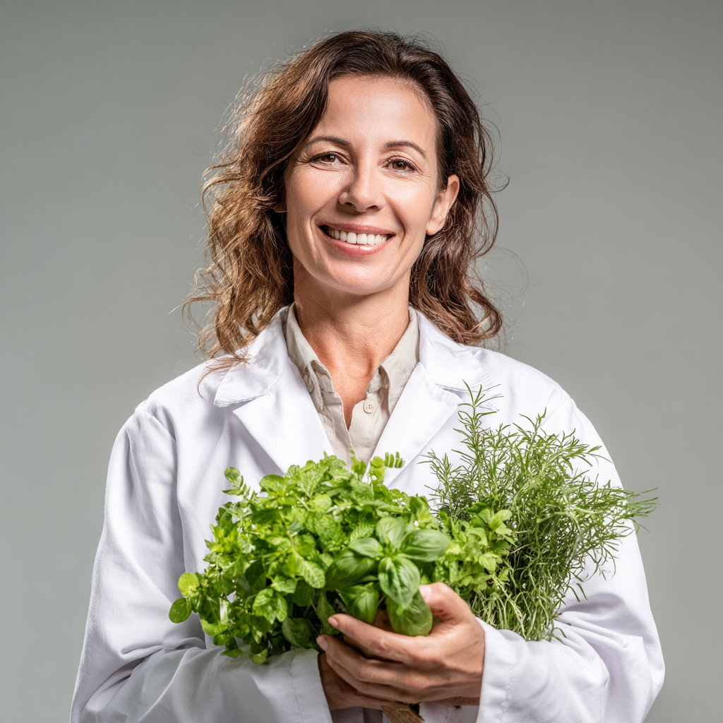 Happy European woman in her 30s holding fresh vegetables and fruits, bright kitchen setting, natural lifestyle photography